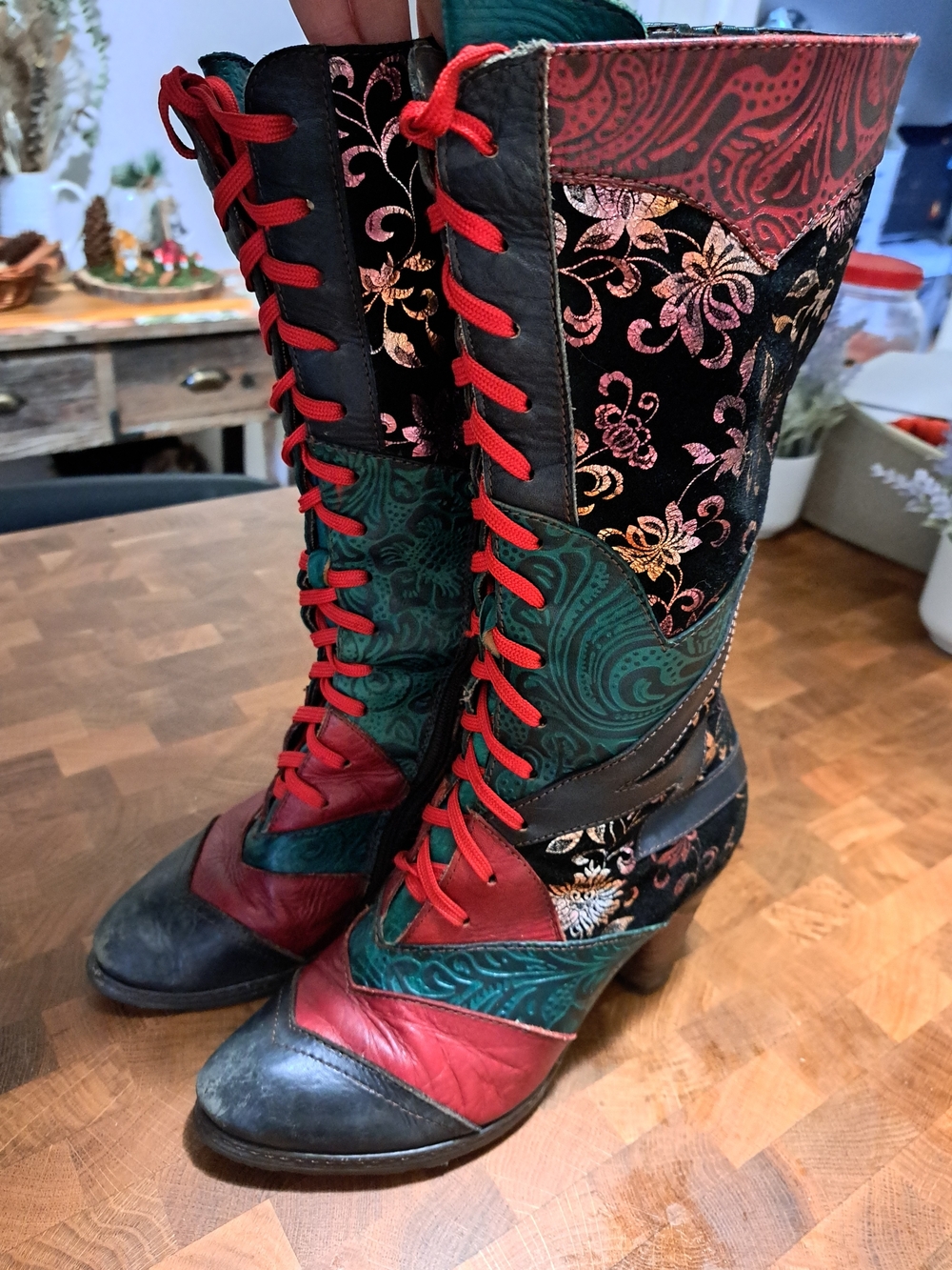 L'artiste Red and Blue Lace-Up Victorian-Style Boots